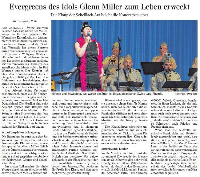 Evergreens des Idols Glenn Miller zum Leben erweckt Zeitungsartikel, Schwaebische Zeitung (Leutkirch / Isny / Bad Wurzach) von 4 mai 2015