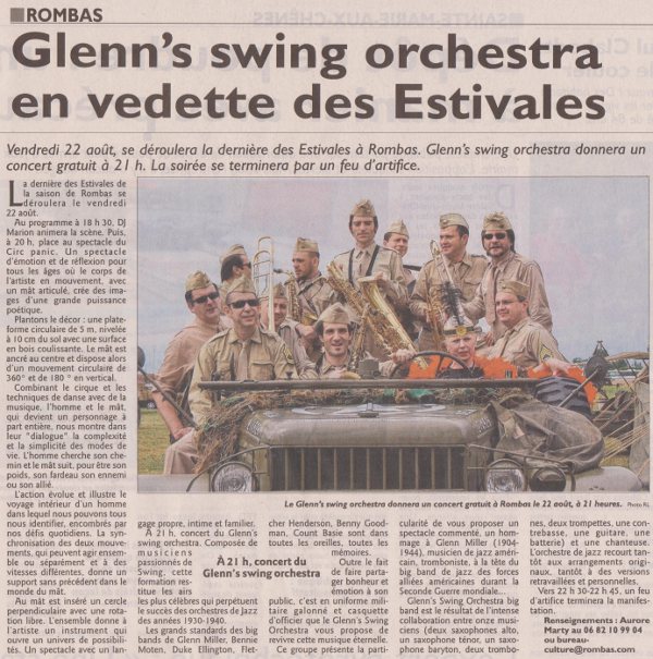 Article de Presse paru dans le republicain lorrain du 21 aout 2014 Glenn's Swing Orchestra en vedette des estivales de Rombas